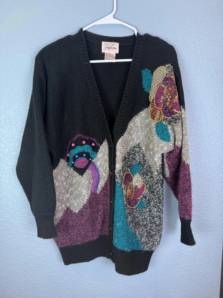 Vintage Jaclyn Smith Sweater Womens Medium Black Sequin Floral Knit Cardigan 80s - Image 1 of 4