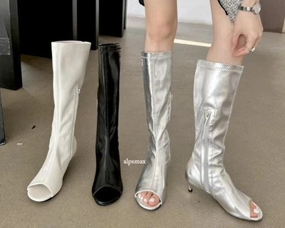 Womens Fashion Summer Peep Toe Side Zipper Knee Boots Kitten Mid Heels New Shoes - Image 1 of 4