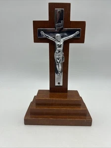 Vintage INRI Crucifix Jesus Catholic Altar Wood tiered stand Silver  Tone - Picture 1 of 19