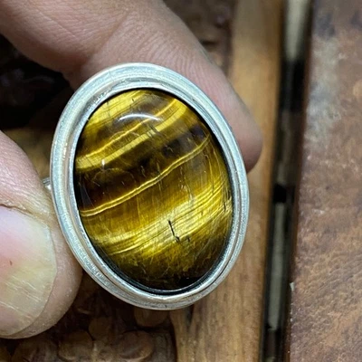 big 925 sterling silver mens ring with tiger eyes stone middle eastern jewelry - Image 1 of 4