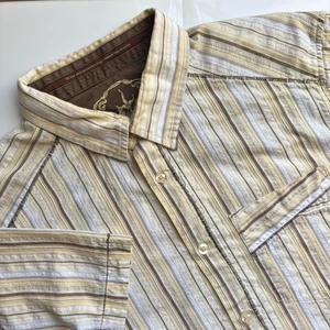 Prana Button Up Short Sleeve Shirt Mens Medium Cotton White Yellow Seersucker - Picture 1 of 11