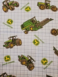 John Deere Cotton Flannel Pale Blue With Green/White Plaid Logo Farm Equip 1 yd+ - Picture 1 of 2