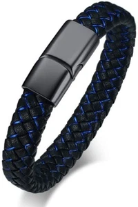 Men  Black /BLUE  Braided Leather Stainless Steel Clasp Bracelet - Picture 1 of 6