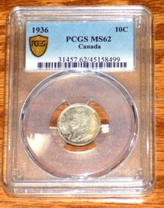 1936 PCGS MS62 Canada 10C Canadian Ten Cent Certified KM-23a UNC GRADED COIN - Picture 1 of 4
