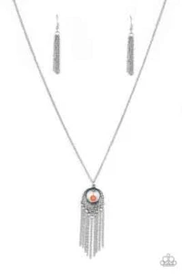Paparazzi "Western Weather"Ornate Silver & Orange Beaded Fringed Tassel Necklace - Picture 1 of 3