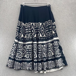 Chicos Skirt 2 US Large Black White Embroidered Tribal Cotton A Line Midi Beaded - Picture 1 of 11