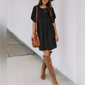 Babydoll Dress Short Sleeve Pockets Casual Mini Dress Black XL - Picture 1 of 13