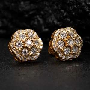 Large VVS Lab Grown Diamond 14K Yellow Gold Flower Cluster 0.80Ct Stud Earrings - Picture 1 of 7