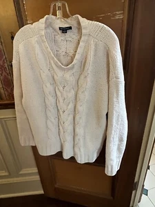 American Eagle Cable Knit Fisherman Soft Sweater Large Crew Neck Cream 100% Poly - Picture 1 of 11