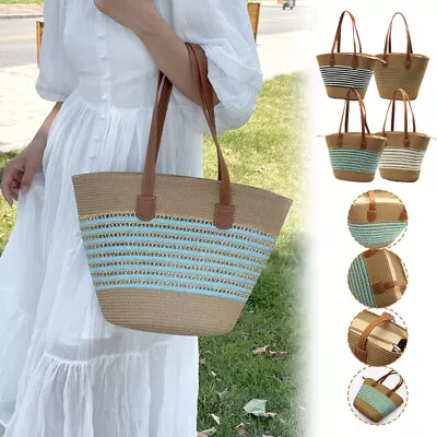Handwoven Handbag Large Capacity Straw Woven Bag Tote Shoulder Beach Bag Striped - Image 1 of 4