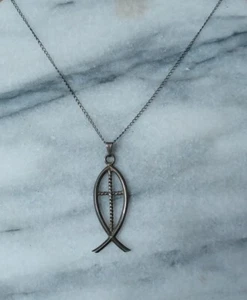 Vintage Sterling Silver Fish With Cross Pendant Christian Necklace 19" Chain - Picture 1 of 4
