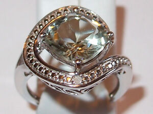 ** SECOND **  Green Amethyst/Diamond ring in platinum overlay Stg Silver. Size O