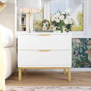 2-Drawer White Wooden Nightstand with Gold Metal Legs for Storage - Picture 1 of 8