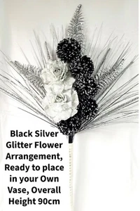 90cm HANDMADE ARTIFICIAL SILK ARRANGEMENT BLACK SILVER GLITTER FLOWER BOUQUET - Picture 1 of 5