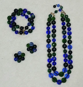 Vtg Vogue Blue Green Double Strand Beaded Necklace Bracelet Clip On Earrings - Picture 1 of 8