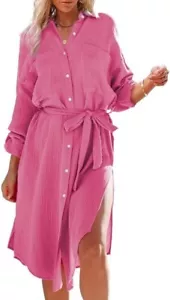 Dokotoo Womens Button Down Long Sleeve Side Split Beach Cover Ups/Dress - Picture 1 of 4