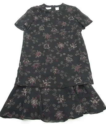 LIZ CLAIBORNE #DR984 Women's Size 4 Layered Modest Floral Black Shift Dress - Image 1 of 4