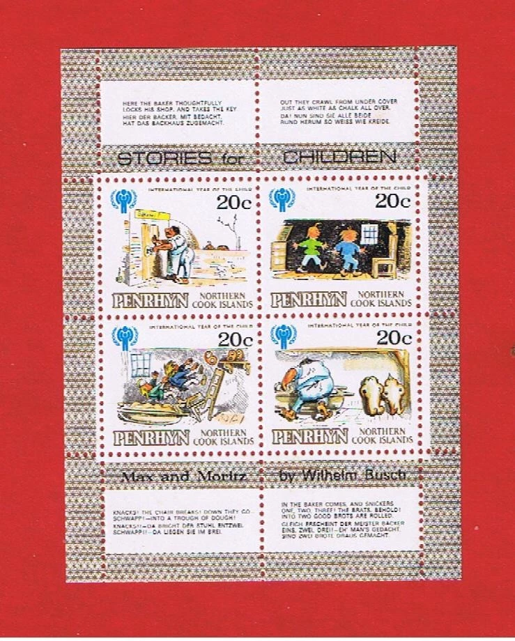 Penrhyn #113  MNH OG  sheet of 4  Stories w/labels    Free S/H - Image 1 of 1