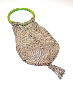 RARO ART DECO COTA DE MALLA BRAZALETE BOLSO BOLSO PLÁSTICO TEMPRANO BORLA COLA DE ZORRO - Imagen 1 de 10