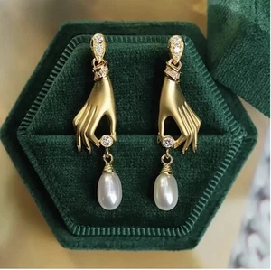 VTG Museum Nouveau Hand Earrings Gold Silver Pearl CZ Stud Vintage Style - Picture 1 of 7