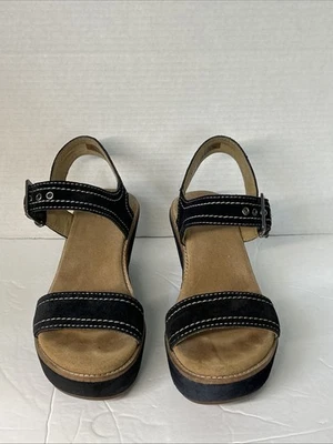 Sandalia de cuña Clarks Aisley Orchid talla 8 3" tacón cuero negro hebilla correas Foto 1 de 4