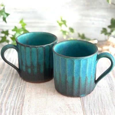 Taza de café de porcelana japonesa Mashiko Yaki Ware esmalte turquesa 2 piezas Foto 1 de 4