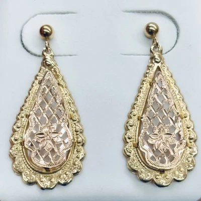 14k Yellow Gold Dangle Drop Diamond Cut Filigree Teardrop 2 Tone Pear Earrings - Image 1 of 4