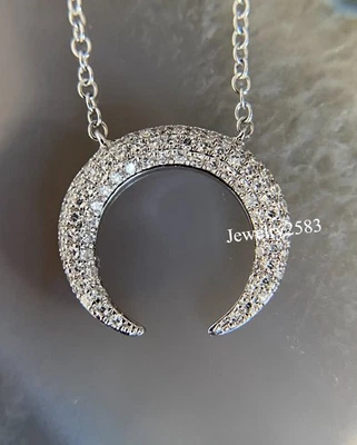 Timeless & Trendy Half Moon Pendant I3 Certified Natural Diamond 18" Chain 925SS - Image 1 of 4