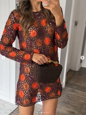 ZARA Brown & Orange Floral Crochet Knit Mini Dress Size S  Blogger Holiday - Image 1 of 4