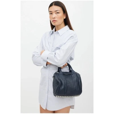 Alexander Wang Navy Pebbled Leather Rocco Bag Silver Studded Crossbody Duffel - Image 1 of 4
