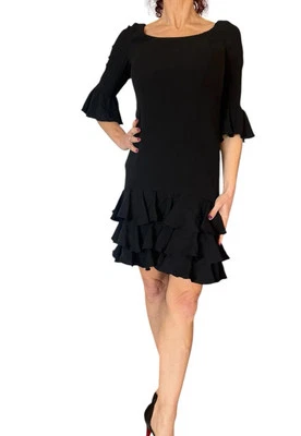 VINTAGE ISAAC MIZRAHI NEW YORK WOMEN'S SMALL DRESS BLACK MINI 3/4 SLEEVE RUFFLE - Image 1 of 4