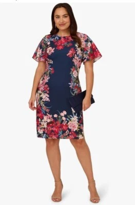 Vestido Corto Adrianna Papell Sarga Elástica Talla 18W Volantes Flores Pascua Nuevo Foto 1 de 4