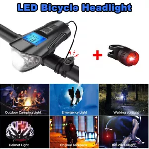 LED Bicycle Headlight Speedometer Bike Front Rear Light w/ Horn USB Rechargeable - Picture 1 of 10