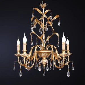 Lampadario 5 luci in ferro battuto Pasta di Legno e cristallo in foglia oro - Picture 1 of 2