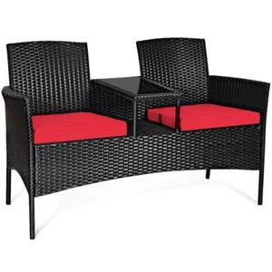 Costway Patio Conversation Set 54.5"x24"x33.5" Wicker/Steel Frame w/ Red Cushion - Picture 1 of 6
