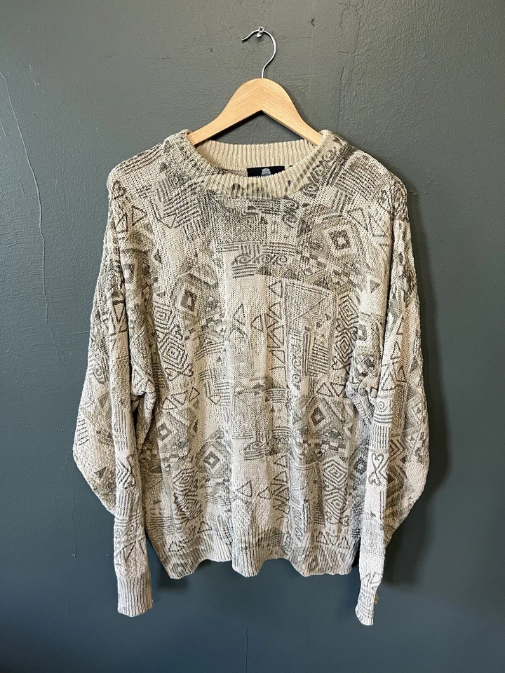Vintage Structure Mens Brown Pullover Knitted Aztech Print Sweatshirt Size Small - Image 1 of 3