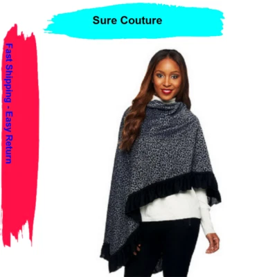 Animal Print Ruana with Ruffle Trim by Sure Couture, BlackGray, MSRP $40 - Image 1 of 4