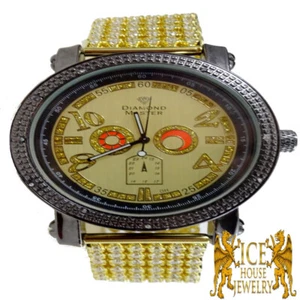 BLACK GOLD TONE REAL DIAMOND SOLID STEEL BACK ICY CUSTOM WATCH - Picture 1 of 7