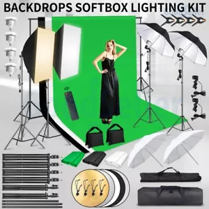 Photography Dimmable Softbox Umbrella Lighting Kit 3 Muslin Backdrops Stand Set - Picture 1 of 12