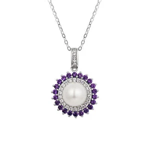 18K Yellow Gold Plated Silver Pearl Pendant Necklace With Lab Grown Amethyst - Picture 1 of 6