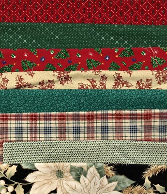 8p. Christmas Tree Holly Poinsettia Red Green Print Cotton Fabric VIP Mix Lot - Image 1 of 4