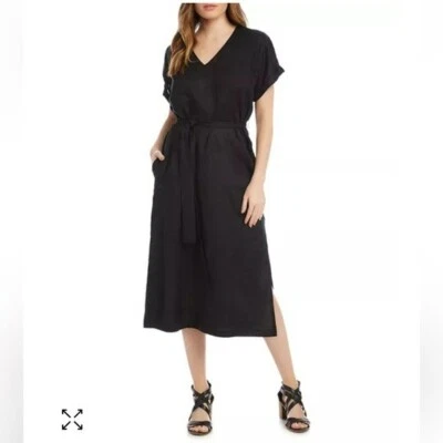 Karen Kane Linen Minimalist V Neck Short Sleeve Belted Midi Dress in Black - M - Image 1 of 4