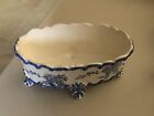 VTG ASIAN CRACKLE FINISH FOOTED OVAL BLUE WHITE FLORAL PLANTER CHINOISERIE 10"