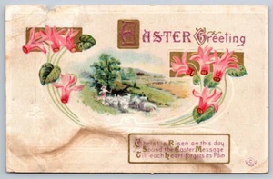 Saluto di Pasqua, Fiori Rosa, Scena Pascolo Pecore Rurale, Cartolina Herman 1911 - Foto 1 di 2