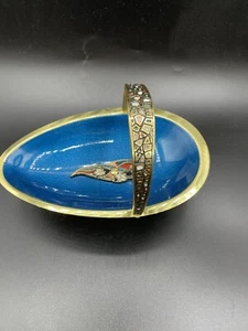 Vintage Judaica Blue Enamel Brass Basket Candy Dish Handle Flowers White Pink - Picture 1 of 10