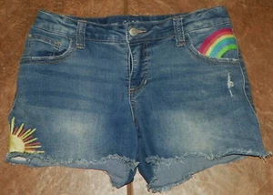 Girls CAT & JACK Blue Jeans Denim SHORTS Size XL 14/16 Sun Rainbow Distressed - Picture 1 of 4
