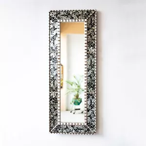 Long Black Narrow wall mirror 35"Tall, Peruvian Painted glass Framed Mirror deco - Picture 1 of 9