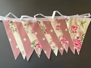 Handmade Outdoor Waterproof Bunting Rose Floral Dusky Pink Spots All Lengths - Picture 1 of 2