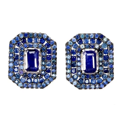 Black Friday 925 Silver Earrings Octagon Sapphire 5x3mm Sapphire Gemstone - Image 1 of 4