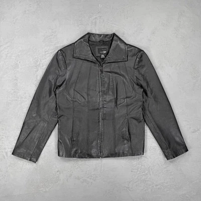 Chaqueta grande vintage de cuero negra East 5th de los años 90-2000 con cremallera frontal para mujer Foto 1 de 4